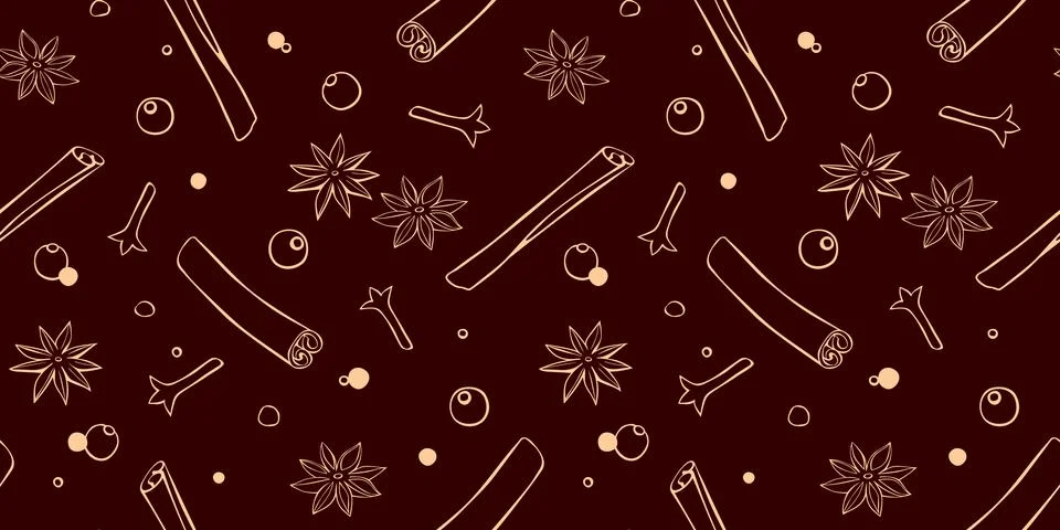 Vector seamless pattern of cinnamon sticks, star anise, carnation, pepper in  Stock Illustration