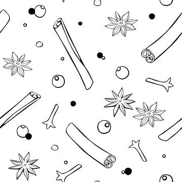 Vector seamless pattern of cinnamon sticks, star anise, carnation, pepper in  스톡 일러스트