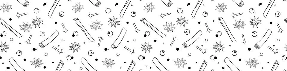 Vector seamless pattern of cinnamon sticks, star anise, carnation, pepper in  스톡 일러스트