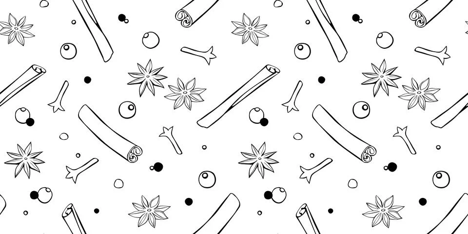 Vector seamless pattern of cinnamon sticks, star anise, carnation, pepper in  Illustrazione stock