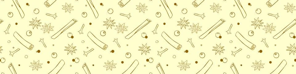 Vector seamless pattern of cinnamon sticks, star anise, carnation, pepper i.. Illustrazione stock