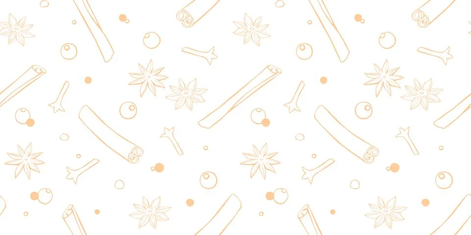 Vector seamless pattern of cinnamon sticks, star anise, carnation, pepper i.. Illustrazione stock
