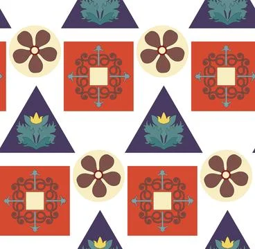 Vector seamless pattern of circles, squares, triangles, inside which there .. Stock Illustration