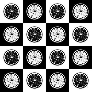 Vector seamless pattern of citrus fruit. Lemon, orange, grapefruit, lime. Black Stock Illustration