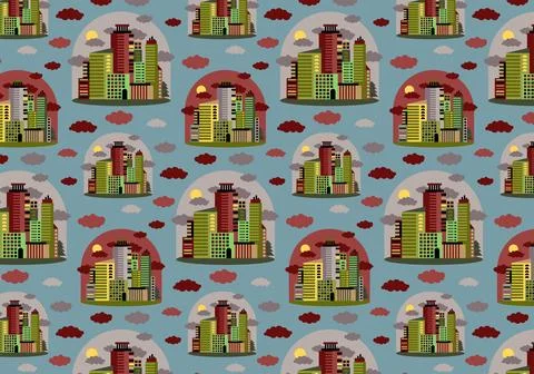 Vector seamless pattern of cityscape in flat style Stock Illustration