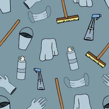 Vector seamless pattern, cleaning kit - mop, rag, bucket on a blue background Illustrazione stock