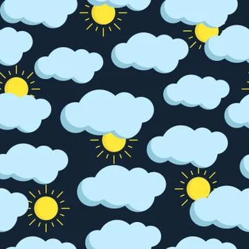 Vector seamless pattern with clouds and sun on dark. 스톡 일러스트