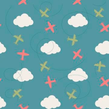 Vector seamless pattern with clouds and planes イラスト素材