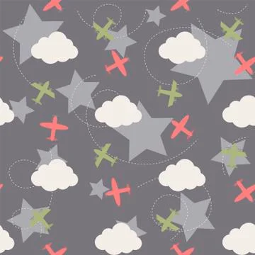 Vector seamless pattern with clouds and planes 스톡 일러스트