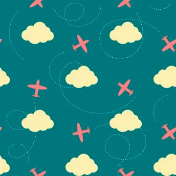 Vector seamless pattern with clouds and planes 스톡 일러스트
