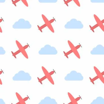 Vector seamless pattern with clouds and planes 스톡 일러스트