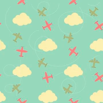 Vector seamless pattern with clouds and planes 스톡 일러스트
