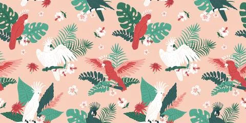 Vector seamless pattern cockatoo parrots on a pink background with monstera,  Stock Illustration