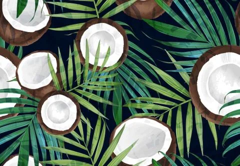 Vector seamless pattern with coconut. Tropical background with exotic fruits 스톡 일러스트