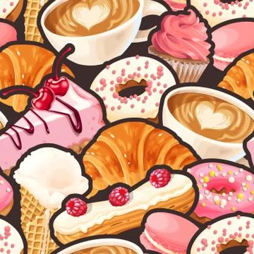 Vector seamless pattern with coffee and donuts 스톡 일러스트