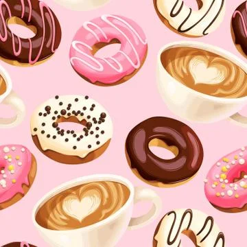 Vector seamless pattern with coffee and donuts Stock Illustration