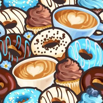 Vector seamless pattern with coffee and donuts Stock Illustration