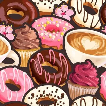 Vector seamless pattern with coffee and donuts Stock Illustration
