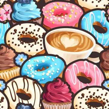 Vector seamless pattern with coffee and donuts Stock Illustration