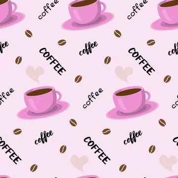 Vector seamless pattern with coffee cup, lettering and beans. Beautiful print in Stock Illustration