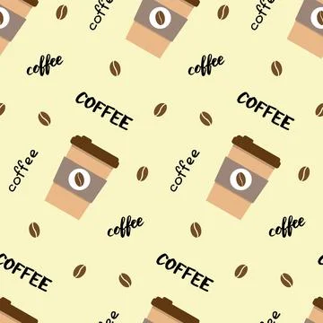 Vector seamless pattern with coffee cup, lettering and beans. Beautiful print in Stock Illustration