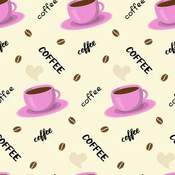 Vector seamless pattern with coffee cup, lettering and beans. Beautiful print in Stock Illustration