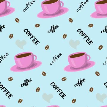 Vector seamless pattern with coffee cup, lettering and beans. Beautiful print in Stock Illustration