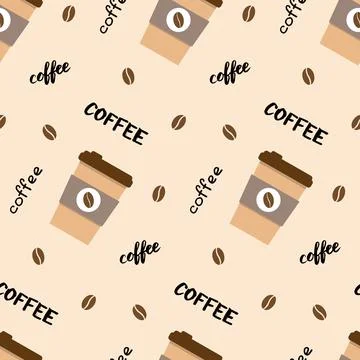 Vector seamless pattern with coffee cup, lettering and beans. Beautiful print in Stock-Illustration
