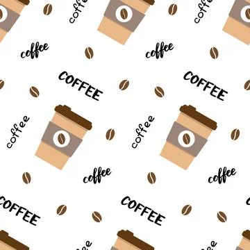 Vector seamless pattern with coffee cup, lettering and beans. Beautiful print in Stock Illustration