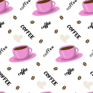 Vector seamless pattern with coffee cup, lettering and beans. Beautiful print in Stock Illustration