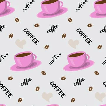 Vector seamless pattern with coffee cup, lettering and beans. Beautiful print in 스톡 일러스트