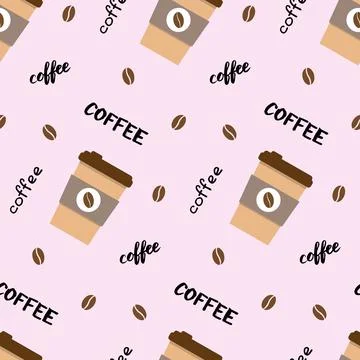 Vector seamless pattern with coffee cup, lettering and beans. Beautiful print in Stock Illustration