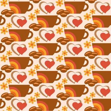 Vector seamless pattern with coffee cup, beans, hearts and flowers Stock Illustration