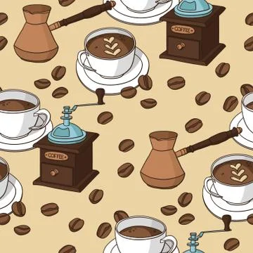 Vector seamless pattern with coffee cups, coffee grinder, coffee fryer, beans Stockillustratie