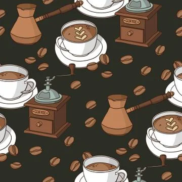 Vector seamless pattern with coffee cups, coffee grinder, coffee fryer, beans Stock Illustration