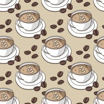 Vector seamless pattern with coffee cups and coffee beans 库存插图