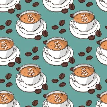 Vector seamless pattern with coffee cups and coffee beans Stock Illustration