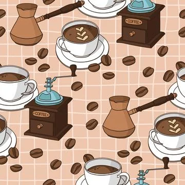 Vector seamless pattern with coffee cups, coffee grinder, coffee fryer, coffe Illustrazione stock