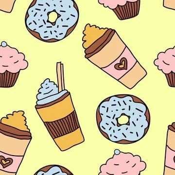 Vector seamless pattern of coffee cups, donuts on a pastel yellow background. Stock Illustration