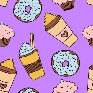 Vector seamless pattern of coffee cups, donuts on a pastel violet background. Stock Illustration