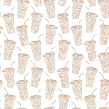 Vector seamless pattern with coffee to go cups with drinking straws and coffe Stock Illustration