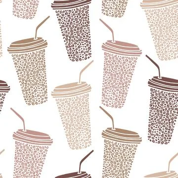 Vector seamless pattern with coffee to go cups with drinking straws and coffe Stock Illustration