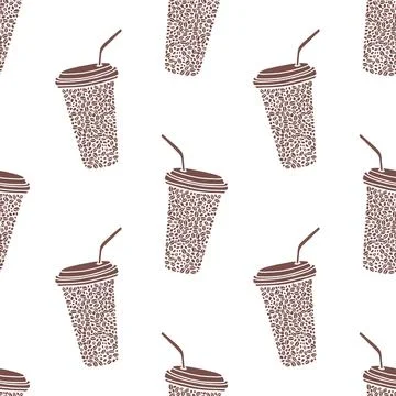 Vector seamless pattern with coffee to go cups with drinking straws and coffe Stock Illustration