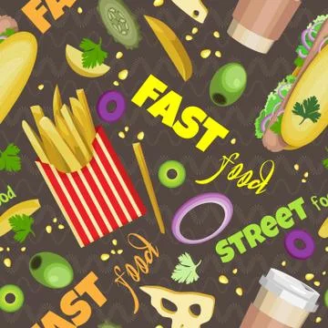 Vector seamless pattern of coffee, hot dogs and french fries. 스톡 일러스트