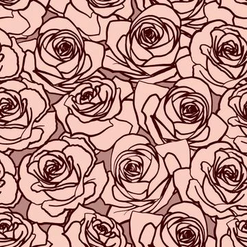 Vector seamless pattern. Coffeeoutline rose flowers on dark background Stock Illustration