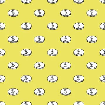 Vector seamless pattern with coin on yellow background Stock Illustration