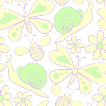 Vector seamless pattern of color butterflies, honey bees, snails and flowers. イラスト素材