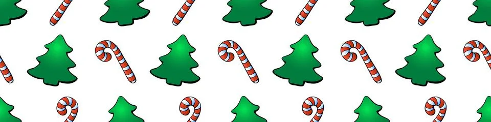 Vector seamless pattern with color candy cane, decorations, xmas tree, in fla Illustrazione stock