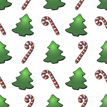 Vector seamless pattern with color candy cane, decorations, xmas tree, in fla Stock Illustration