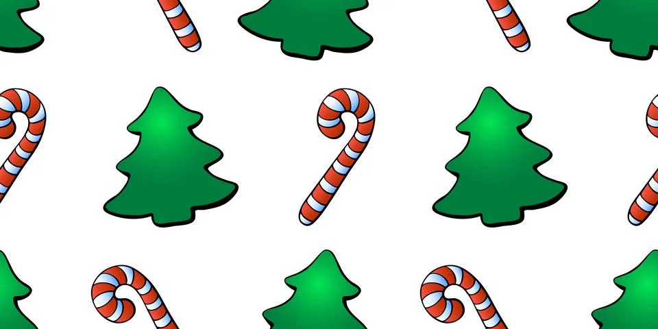 Vector seamless pattern with color candy cane, decorations, xmas tree, in fla Stock Illustration